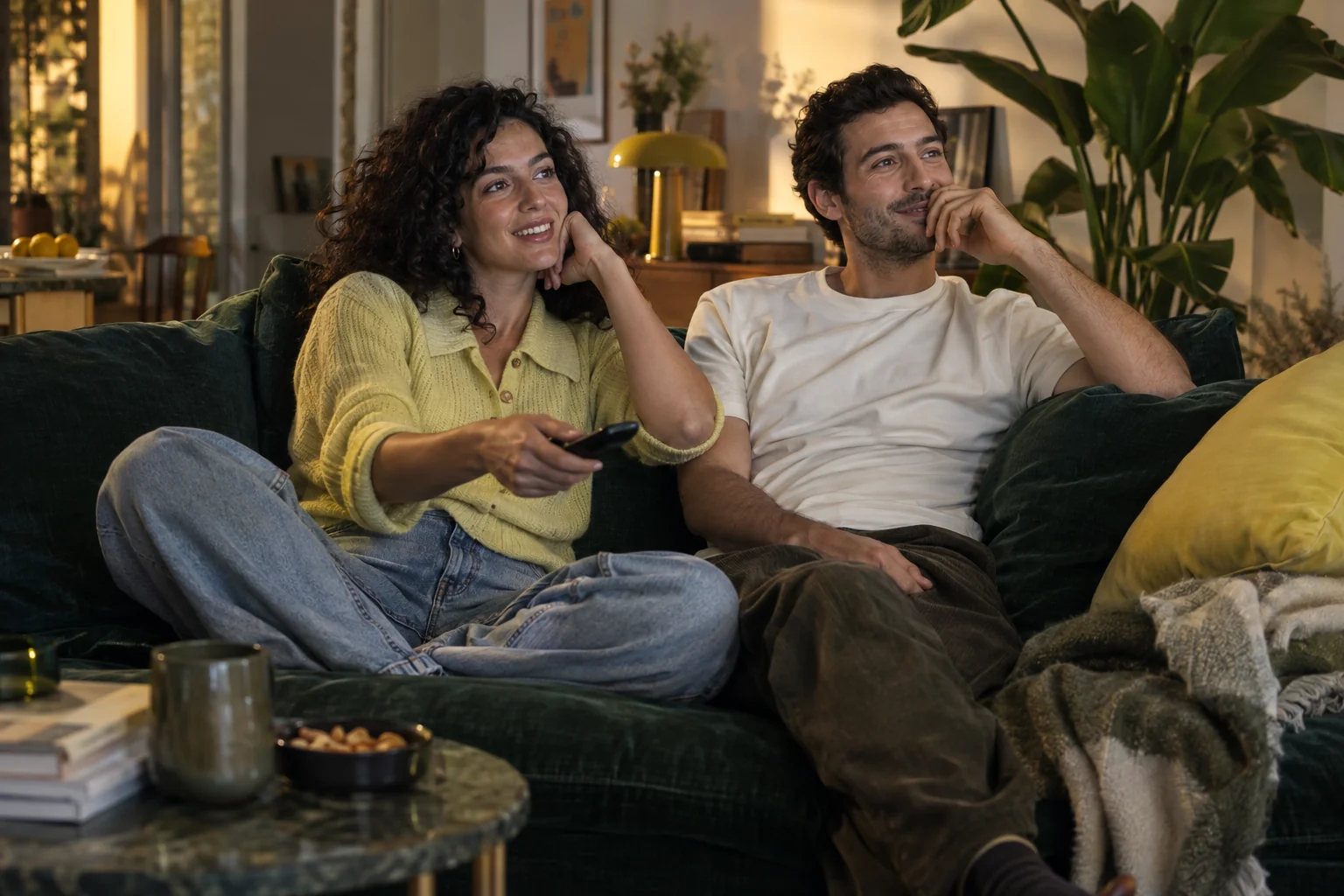 Two people enjoying an evening in front of the TV